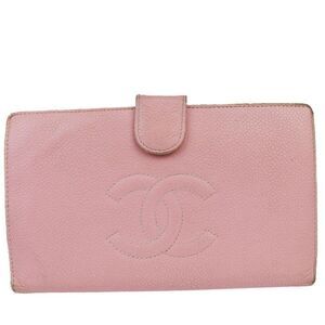 CHANEL CC Logo Long Bifold Wallet Purse Caviar Skin Leather Pink